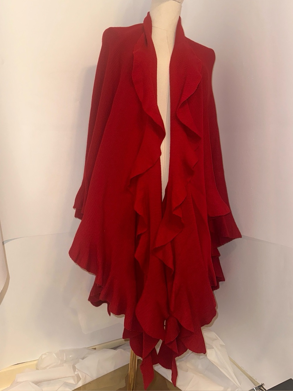 Dramatic red waterfall ruffle shawl cape cardigan wrap. One size.